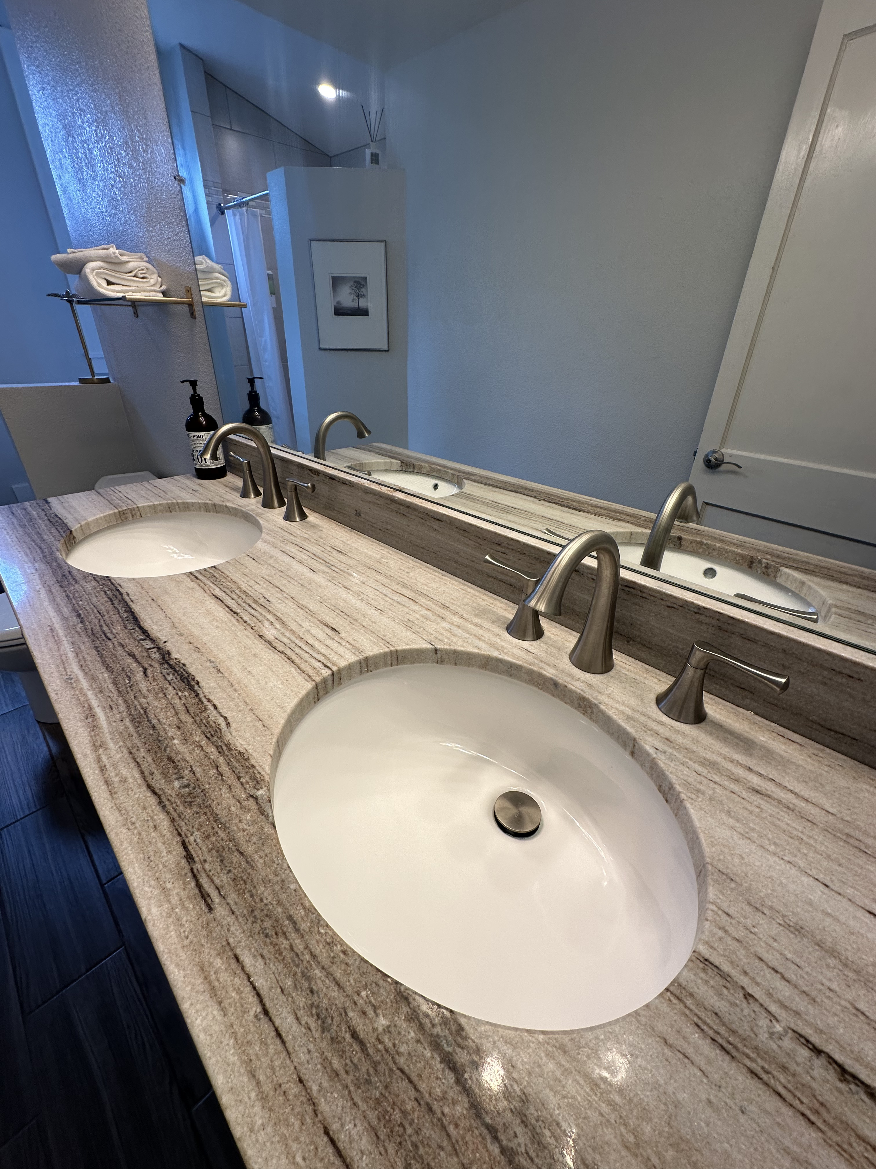 Spotless master bathroom double vanity after cleaning